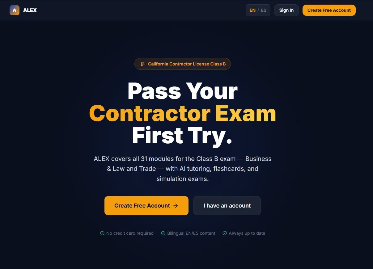 ALEX app home screen, a study platform for the California Contractor License Class B exam