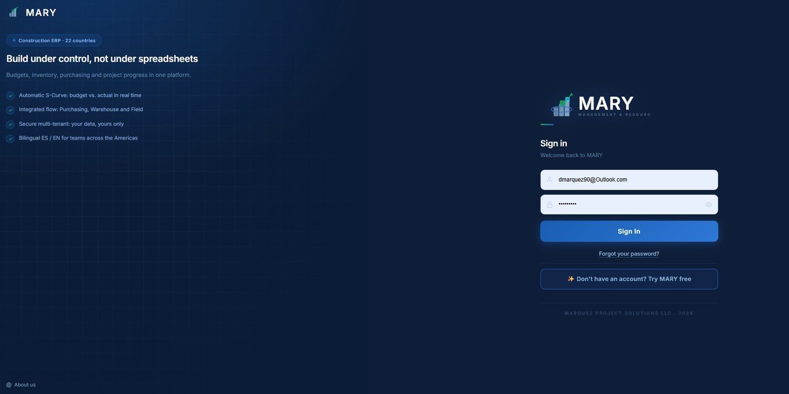 MARY app sign-in screen, a construction ERP platform by Marquez Project Solutions