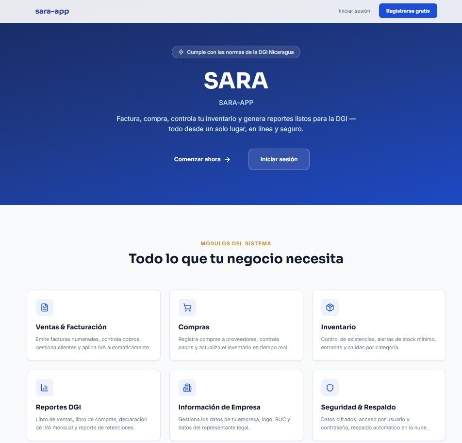 SARA app home screen, an accounting system for Nicaraguan businesses